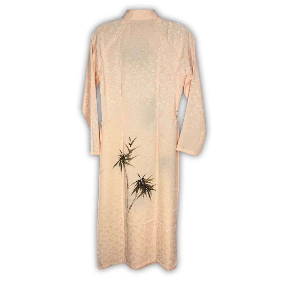 Vintage Vietnamese Ao Dai Peach Jacquard Hand Painted Bamboo Kimono Dress Small - Picture 2 of 9
